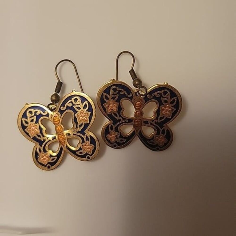 Beautiful navy, copper and goldtone butterfly dangle earrings